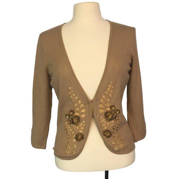 Ann Taylor Womens Silk Cotton Cashmere Blend Tan‎ Cardigan Sweater Beads Sequins - Picture 1 of 11